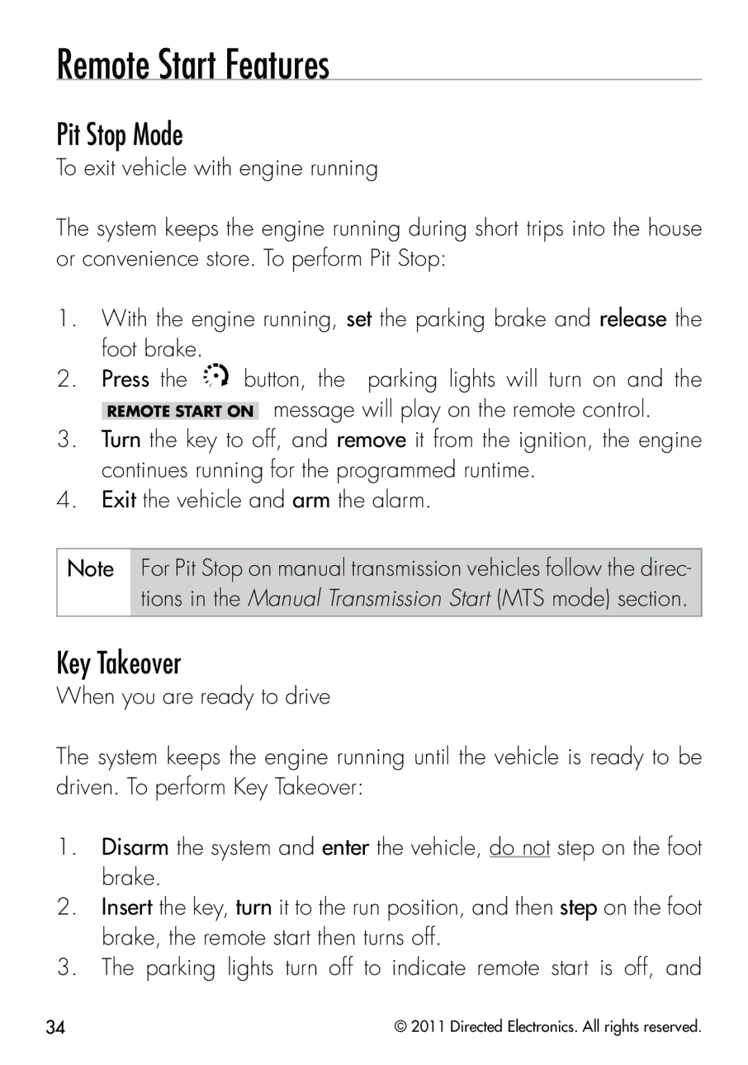 Clifford 570.4X manual Remote Start Features, Pit Stop Mode, Key Takeover 