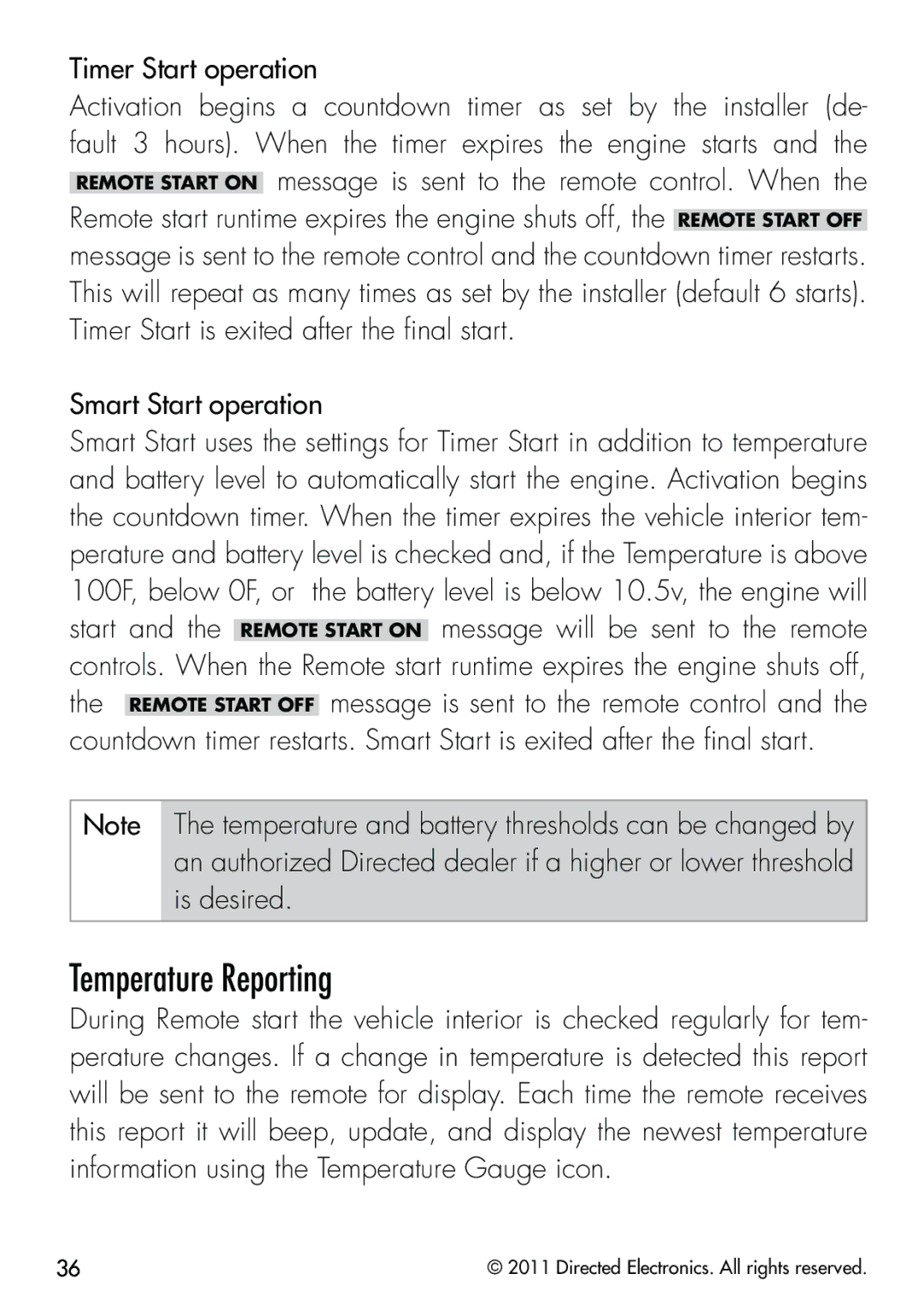 Clifford 570.4X manual Temperature Reporting, Timer Start operation, Smart Start operation 