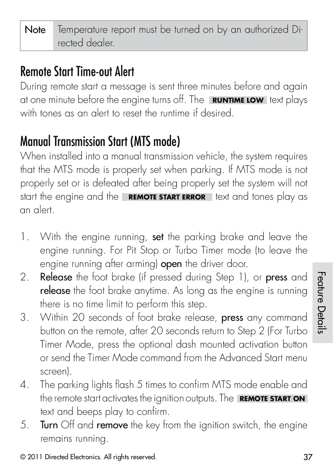 Clifford 570.4X manual Remote Start Time-out Alert, Manual Transmission Start MTS mode 