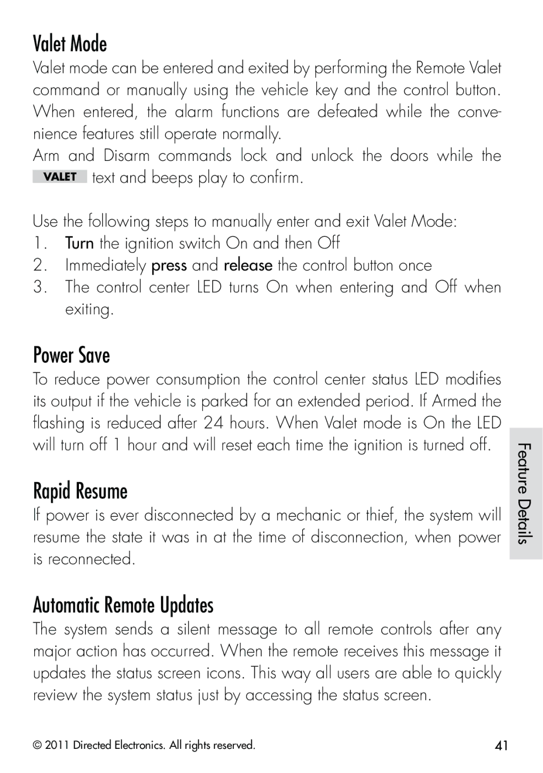 Clifford 570.4X manual Valet Mode, Power Save, Rapid Resume, Automatic Remote Updates 