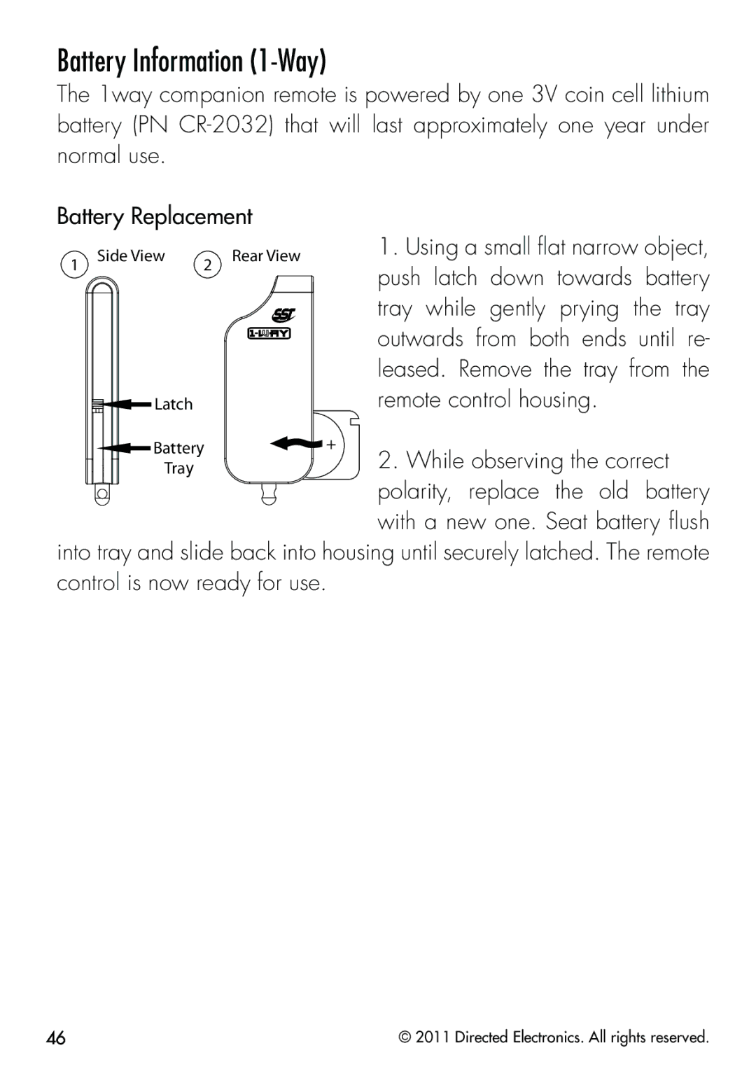 Clifford 570.4X manual Battery Information 1-Way, Tray while gently prying the tray, Remote control housing 