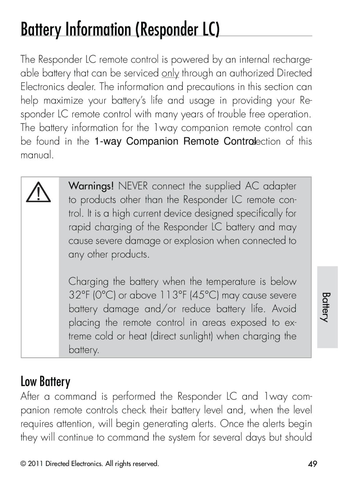 Clifford 570.4X manual Battery Information Responder LC, Low Battery 