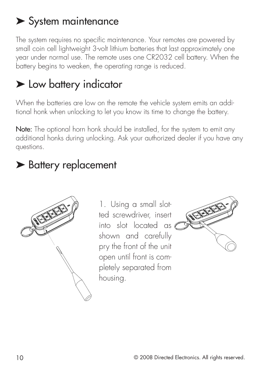 Clifford G4102X manual System maintenance, Low battery indicator, Battery replacement 