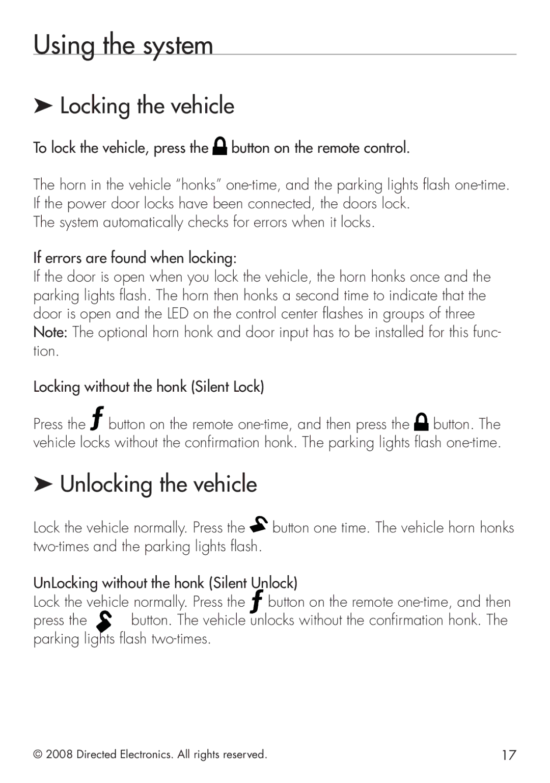 Clifford G4102X manual Using the system, Locking the vehicle, Unlocking the vehicle 