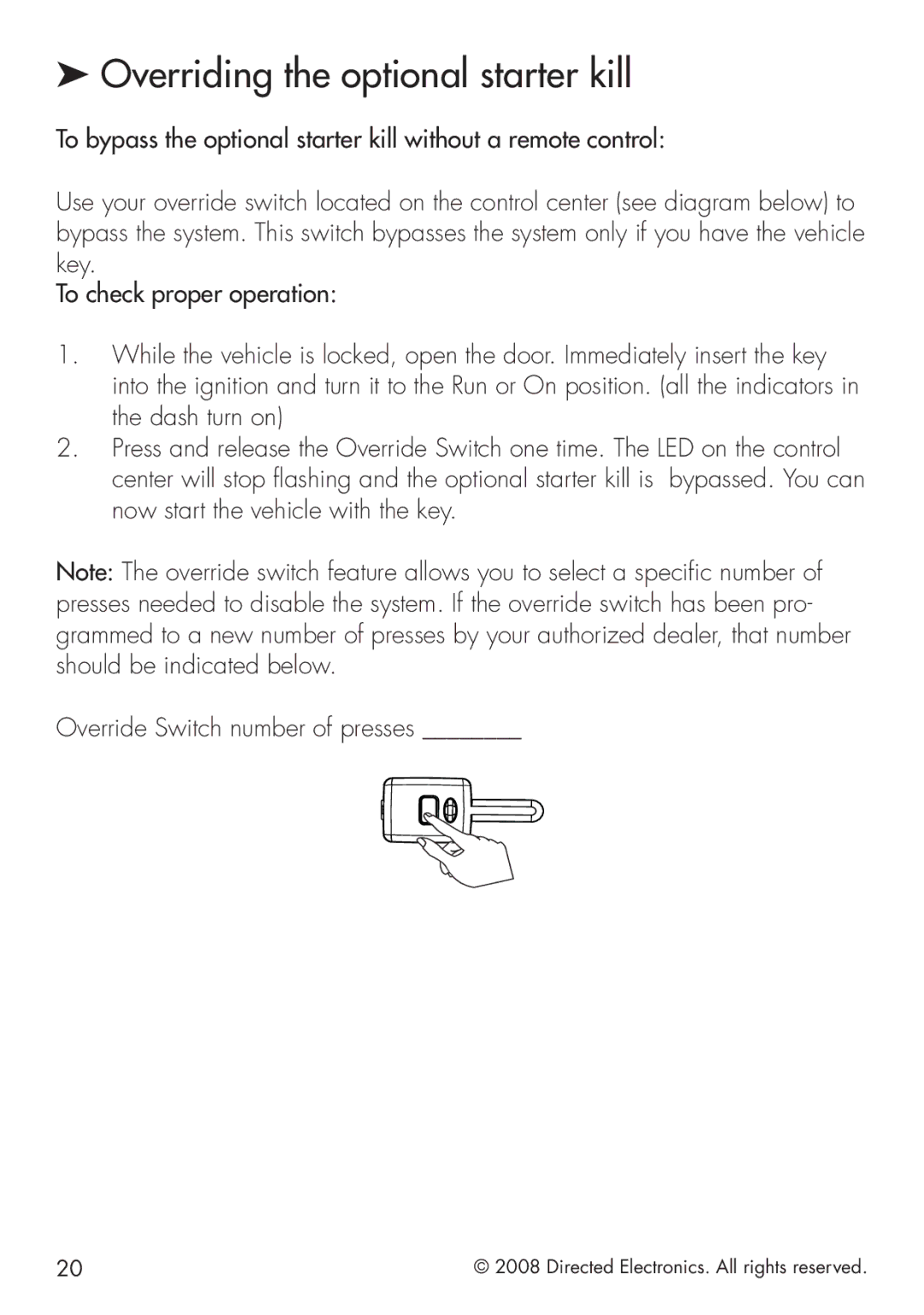 Clifford G4102X manual Overriding the optional starter kill 