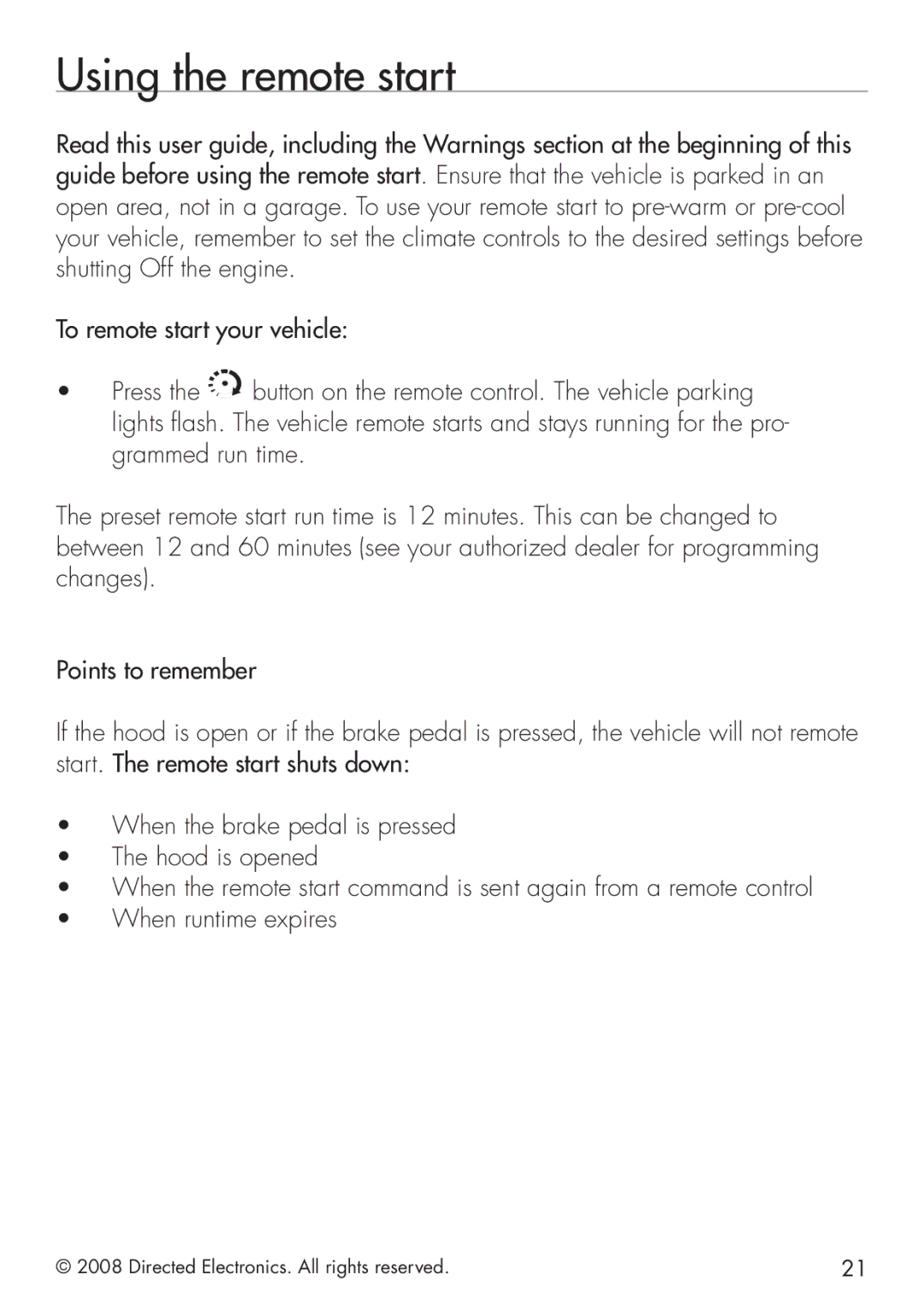 Clifford G4102X manual Using the remote start 