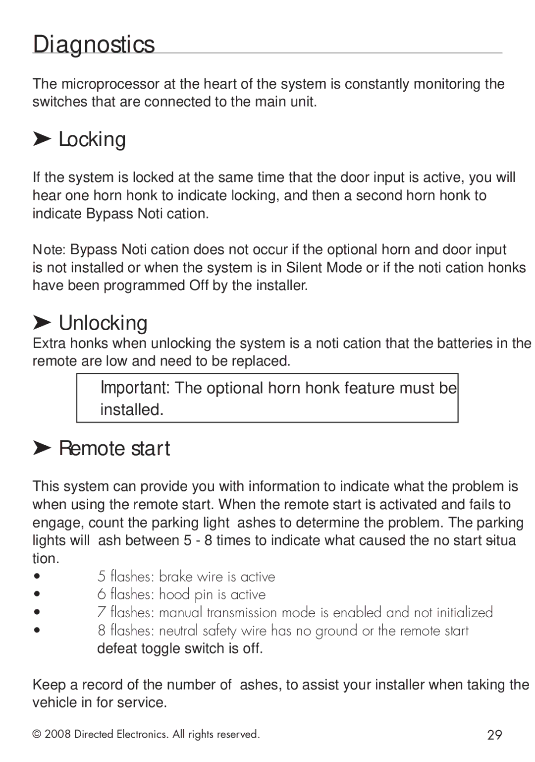 Clifford G4102X manual Diagnostics, Locking, Unlocking, Remote start 