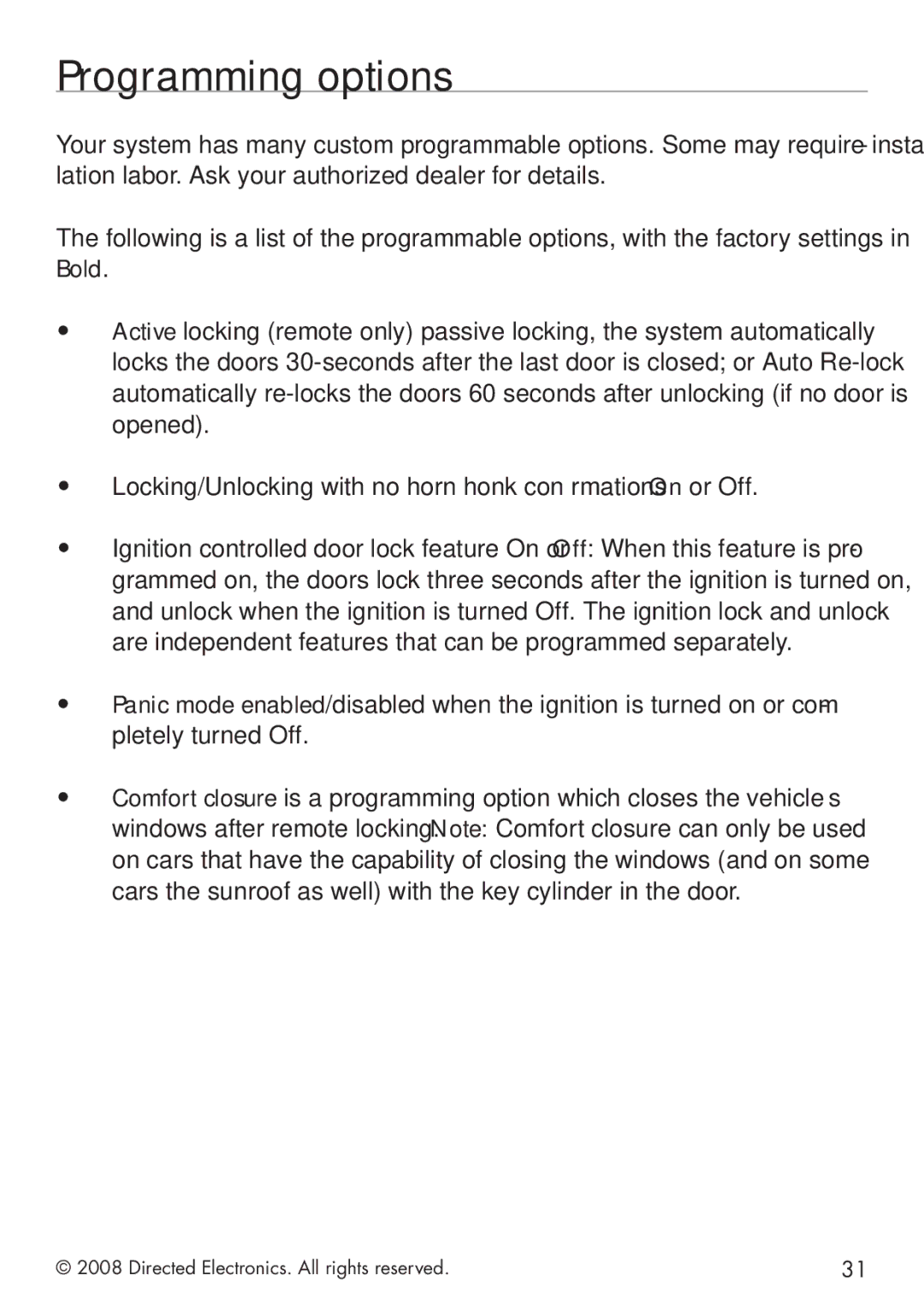 Clifford G4102X manual Programming options 