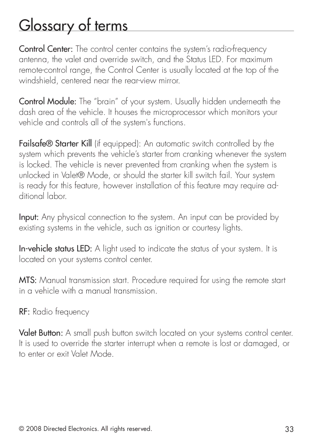 Clifford G4102X manual Glossary of terms 