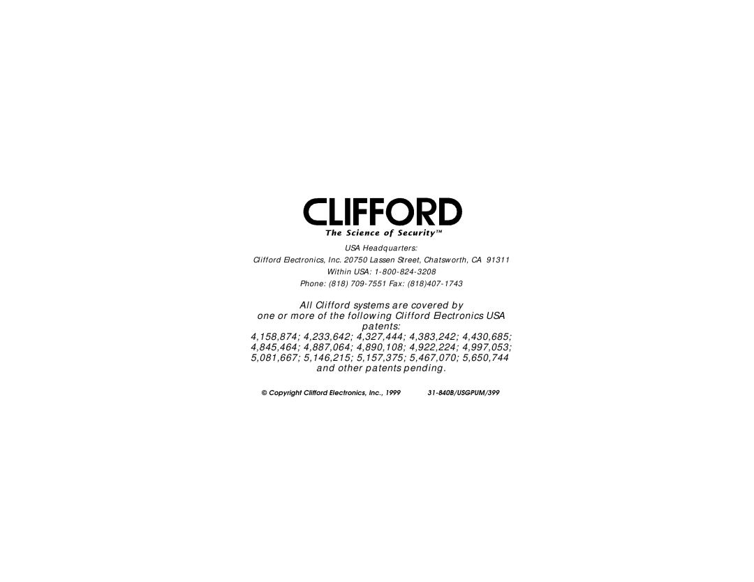 Clifford GP500 manual Copyright Clifford Electronics, Inc 31-840B/USGPUM/399 