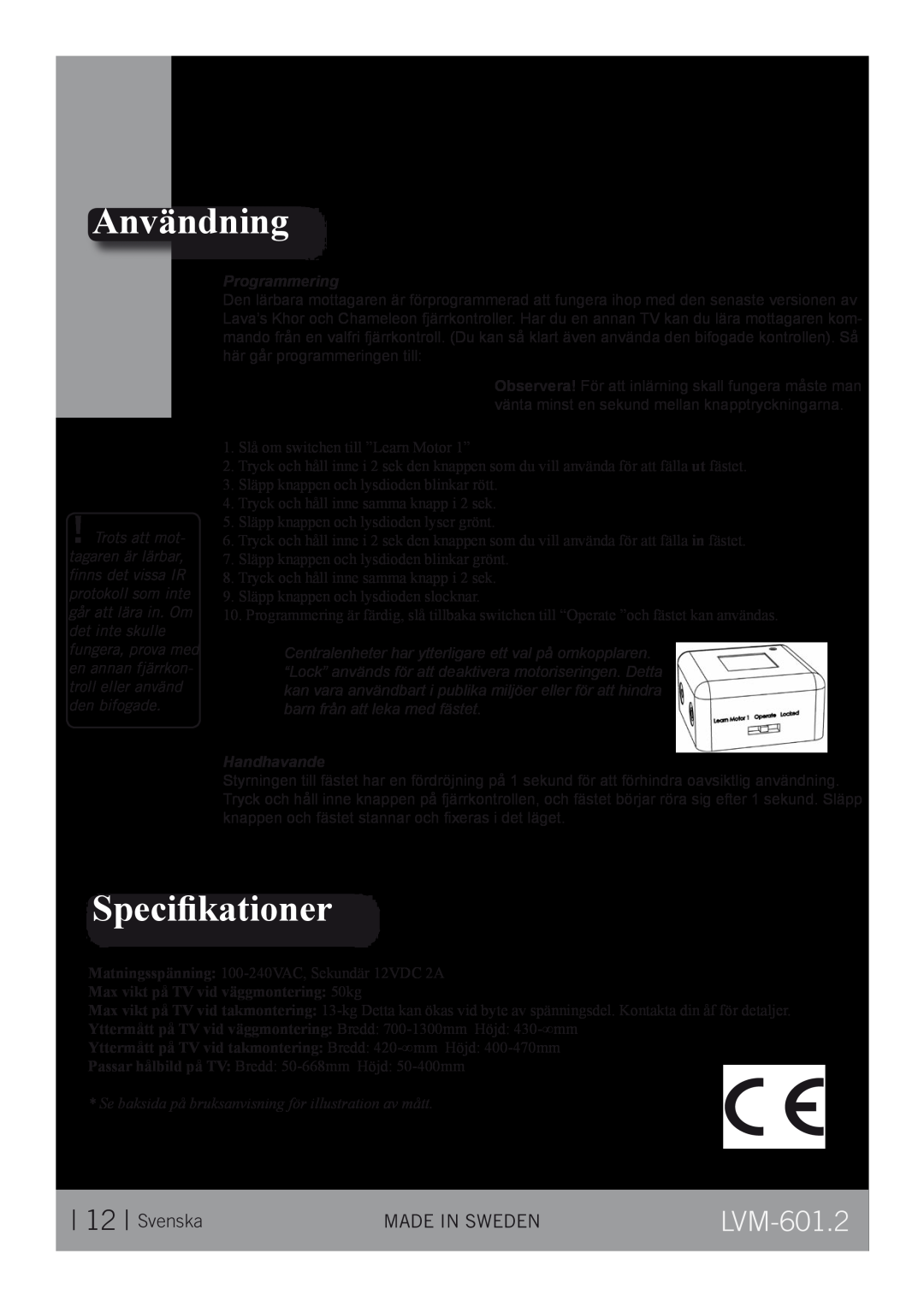 CLO Systems LVM-601-2 manual Användning, Speciﬁkationer, Svenska, LVM-601.2, Programmering, Handhavande 