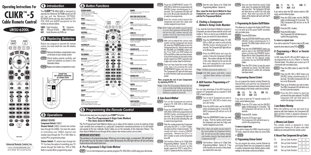 CLO Systems UR5U-6200L manual Component Default Cable, Pre-Programmed 3-Digit Code Method Auto-Search Method 