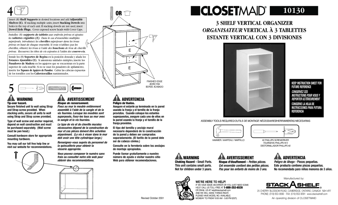 Closet Maid 10130 instruction sheet Avertissement Advertencia 