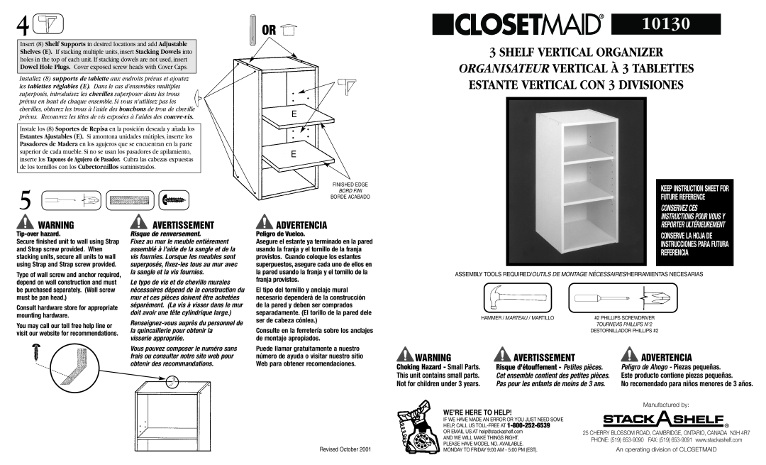 Closet Maid 10130 instruction sheet Shelf Vertical Organizer, Avertissement, Advertencia, Risque de renversement 