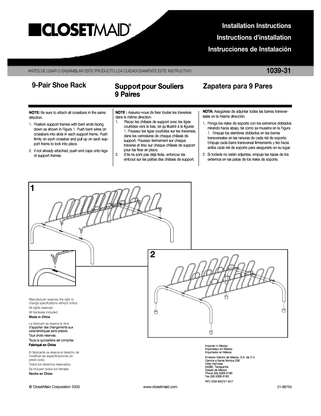 Closet Maid 1039-31 installation instructions PairShoe Rack, Support pour Souliers, Paire s, Installation Instructions 