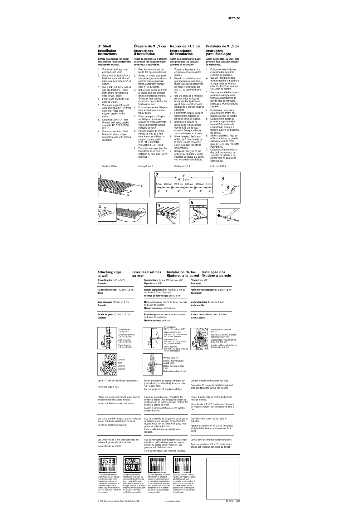 Closet Maid 1077-20 installation instructions ’ Shelf, Étagère de 91,5 cm 