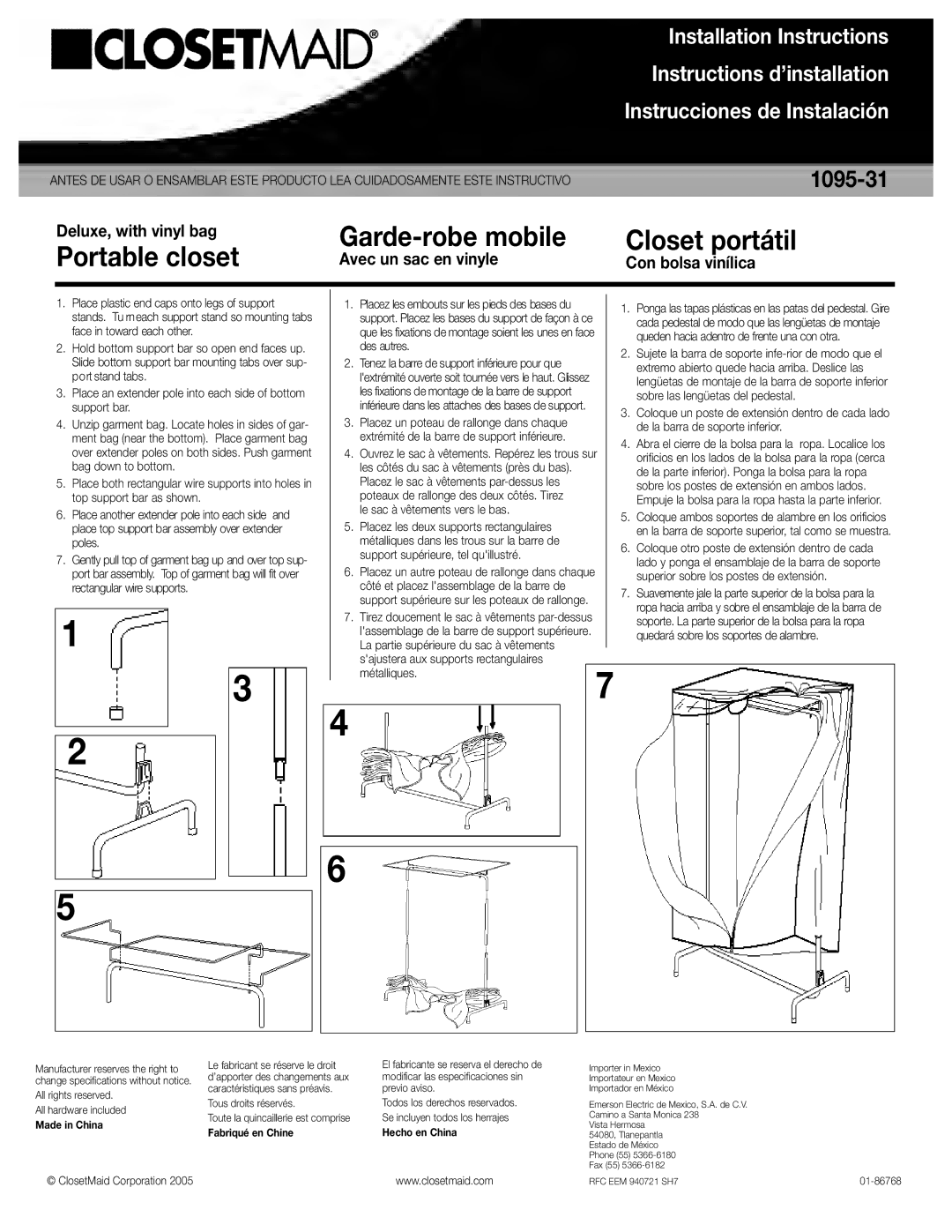 Closet Maid 1095-31 installation instructions Garde-robe mobile Closet portátil Portable closet, Installation Instructions 