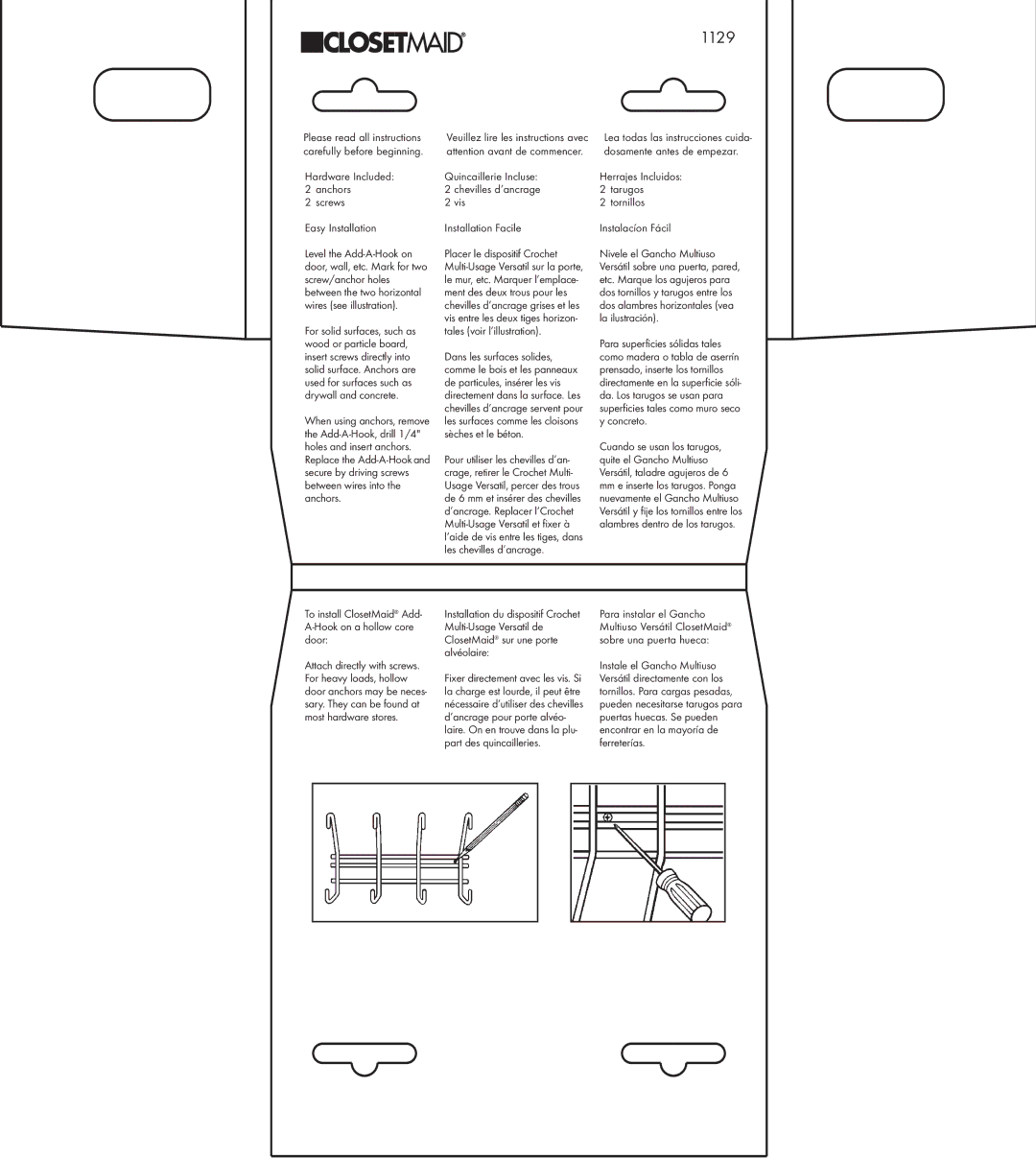 Closet Maid 1129 manual Hardware Included Anchors Screws Easy Installation 