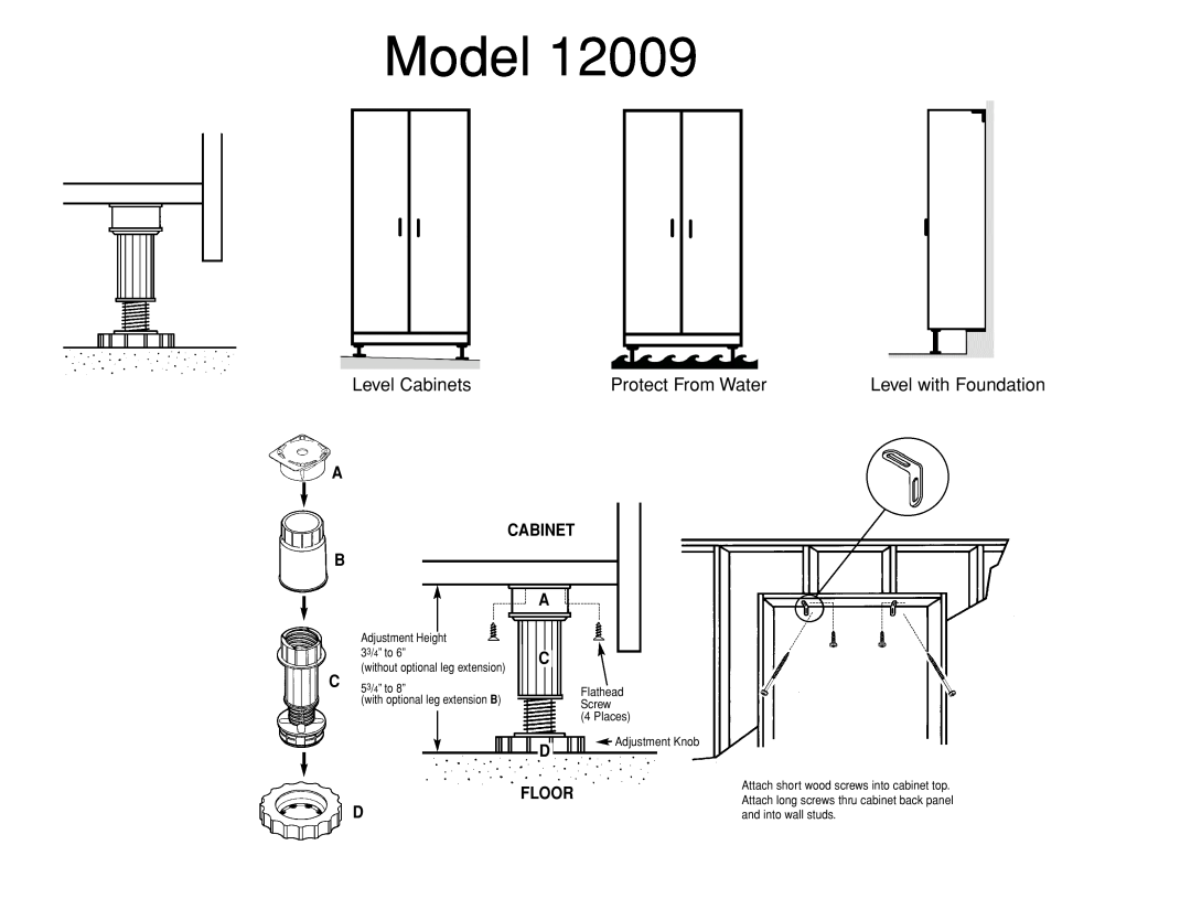 Closet Maid 12009 manual Model, Level Cabinets, Protect From Water, Level with Foundation, A Cabinet B, Floor, 33/4” to 6” 