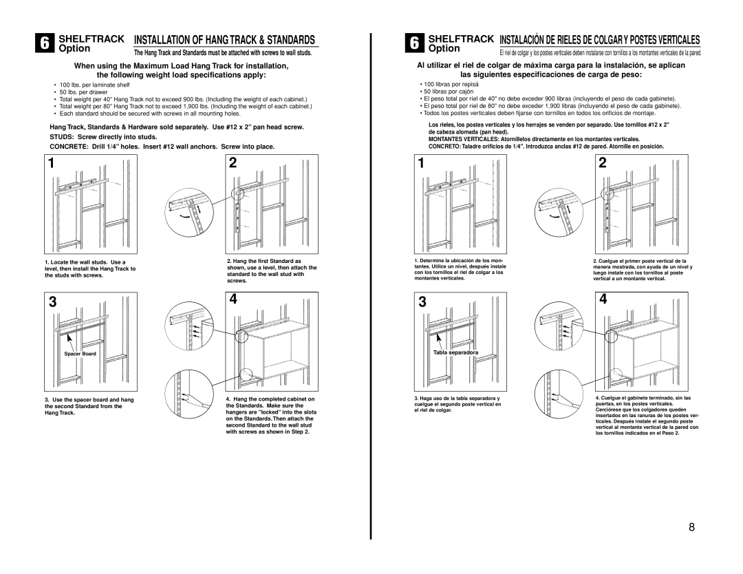 Closet Maid 12073 manual SHELFTRACKOptionINSTALLATION of Hang Track & Standards 