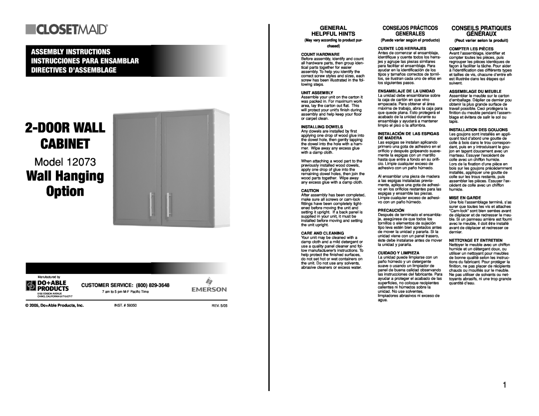 Closet Maid 12073 manual Doorwall Cabinet, Wall Hanging Option, Model, Assembly Instructions, Instrucciones Para Ensamblar 