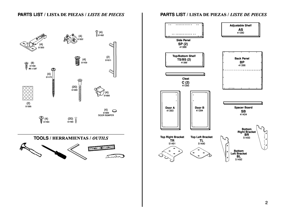 Closet Maid 12073 manual Parts List / Lista De Piezas / Liste De Pieces, Tools / Herramientas / Outils 