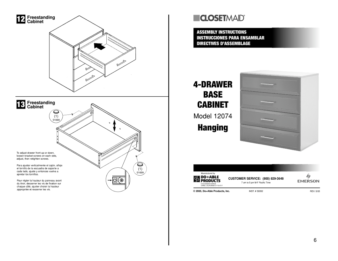 Closet Maid 12074 manual Hanging 