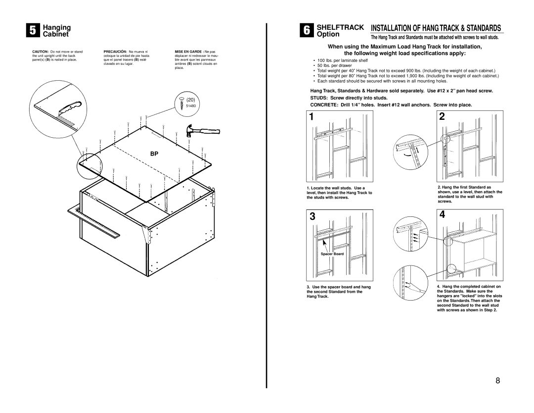 Closet Maid 12074 manual SHELFTRACKOptionINSTALLATION of Hang Track & Standards 