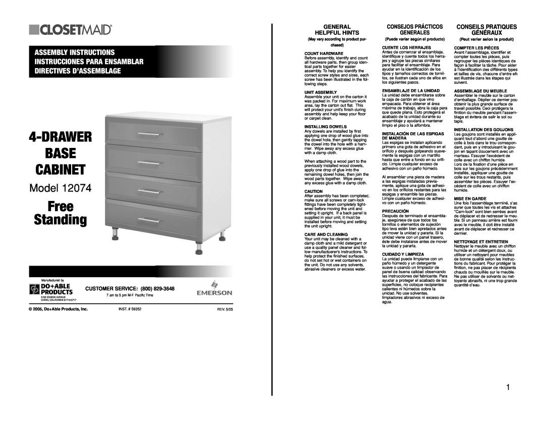 Closet Maid 12074 manual Drawer Base Cabinet, Free Standing, Model, Assembly Instructions, Instrucciones Para Ensamblar 