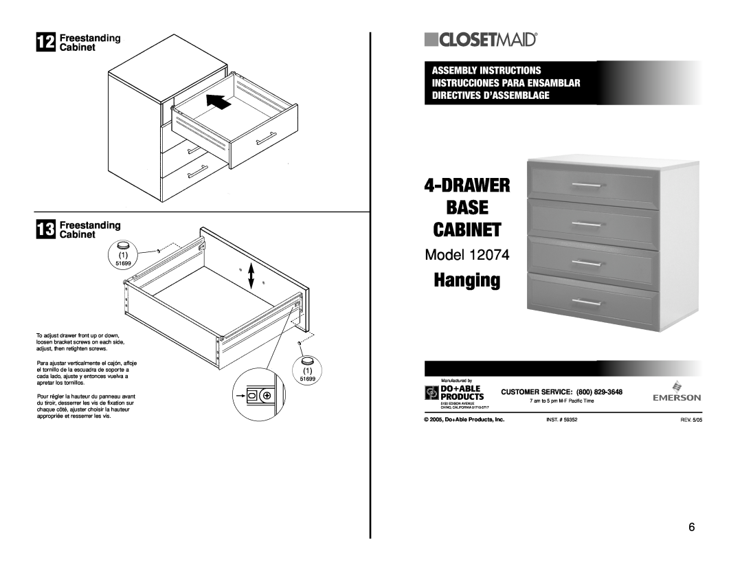 Closet Maid 12074 Hanging, FreestandingCabinet 13 FreestandingCabinet, Drawer Base Cabinet, Model, Assembly Instructions 
