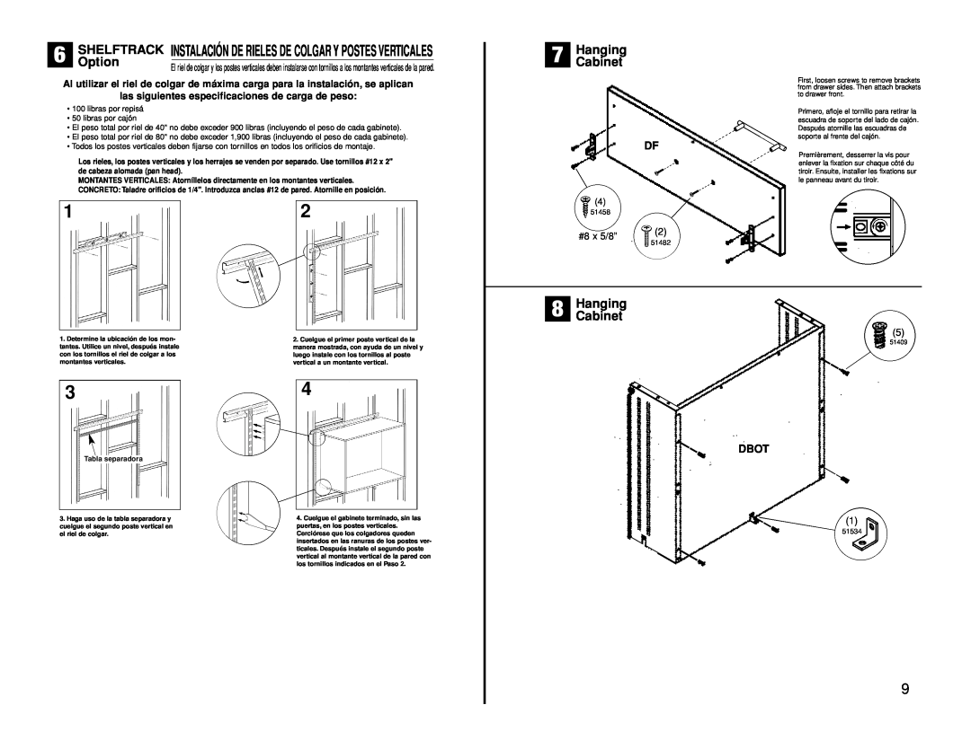 Closet Maid 12074 manual HangingCabinet, las siguientes especificaciones de carga de peso, Dbot, #8 x 5/8” 