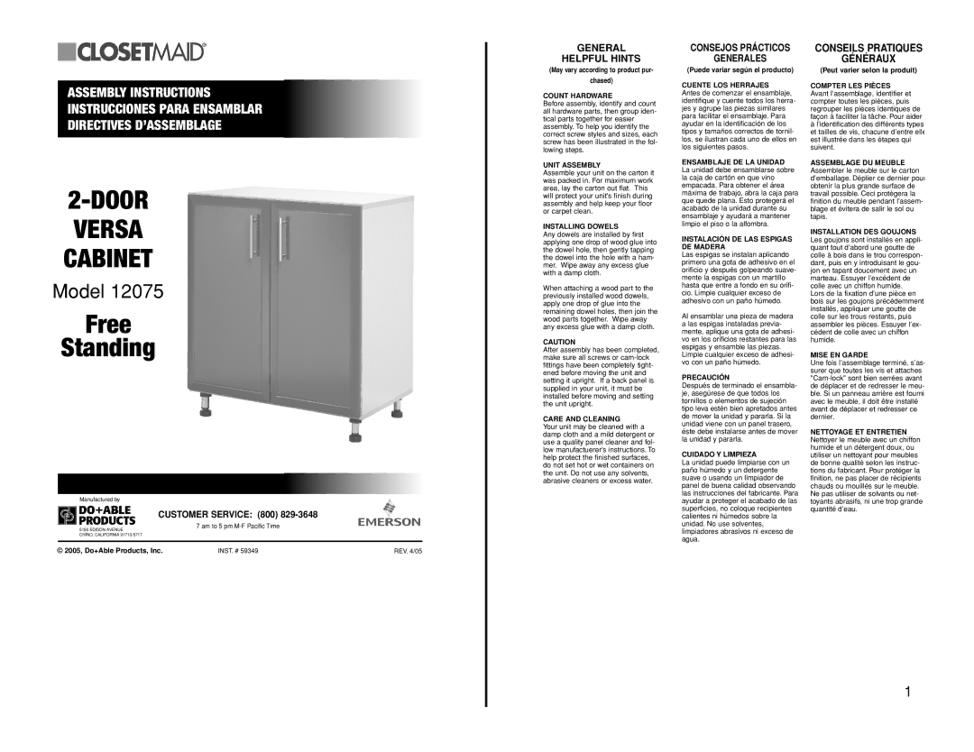 Closet Maid 12075 manual Door Versa Cabinet, Conseils Pratiques Généraux 