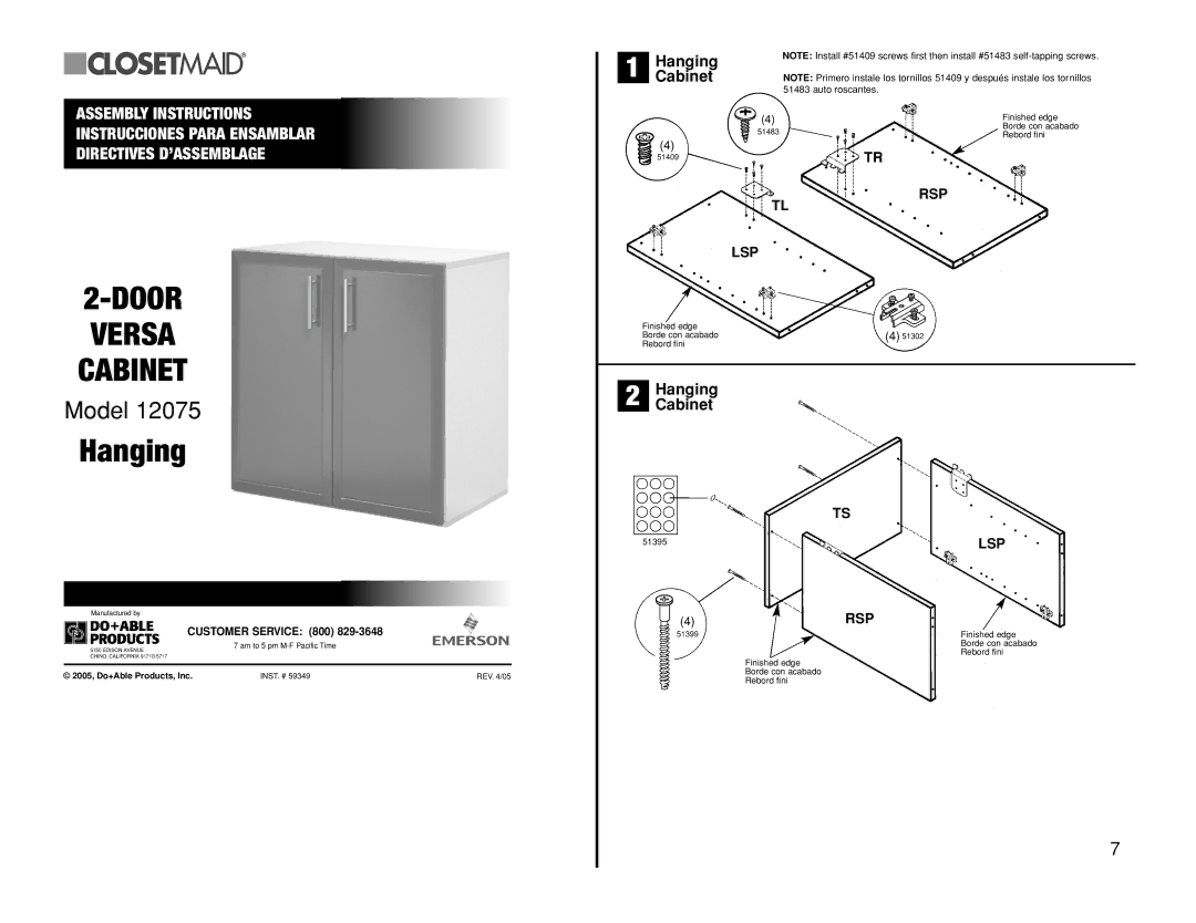 Closet Maid 12075 manual Door 