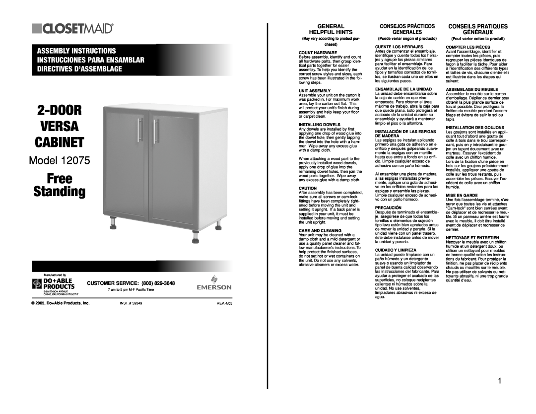 Closet Maid 12075 manual Door Versa Cabinet, Free Standing, Model, Assembly Instructions, Instrucciones Para Ensamblar 