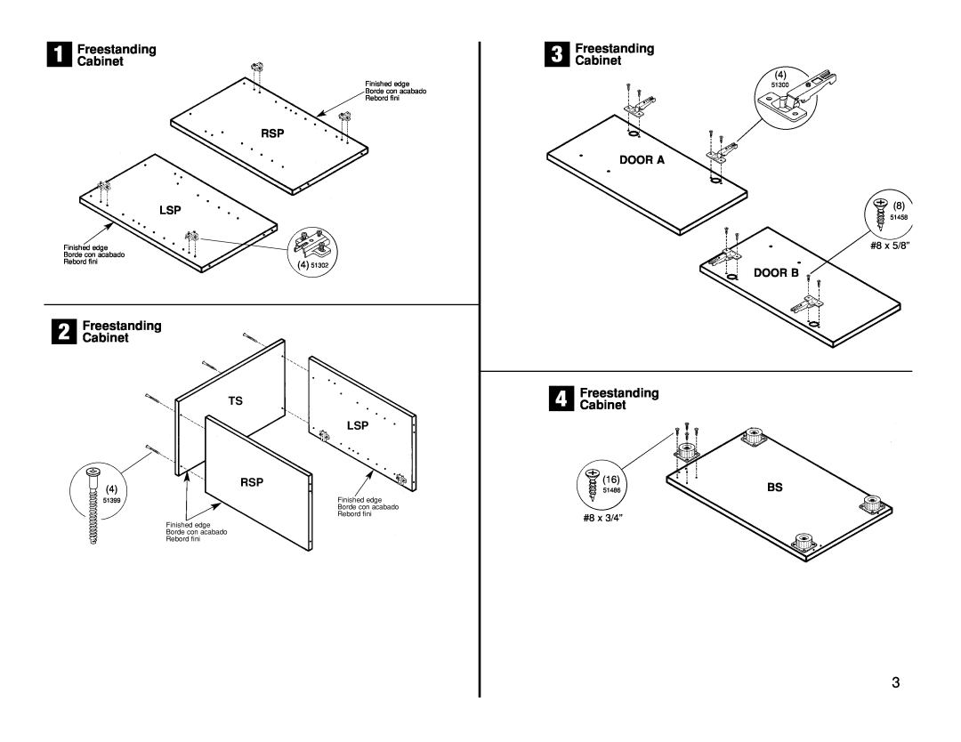 Closet Maid 12075 manual FreestandingCabinet, Rsp Lsp, Ts Lsp, Door A, Door B, #8 x 5/8”, #8 x 3/4”, 51486 