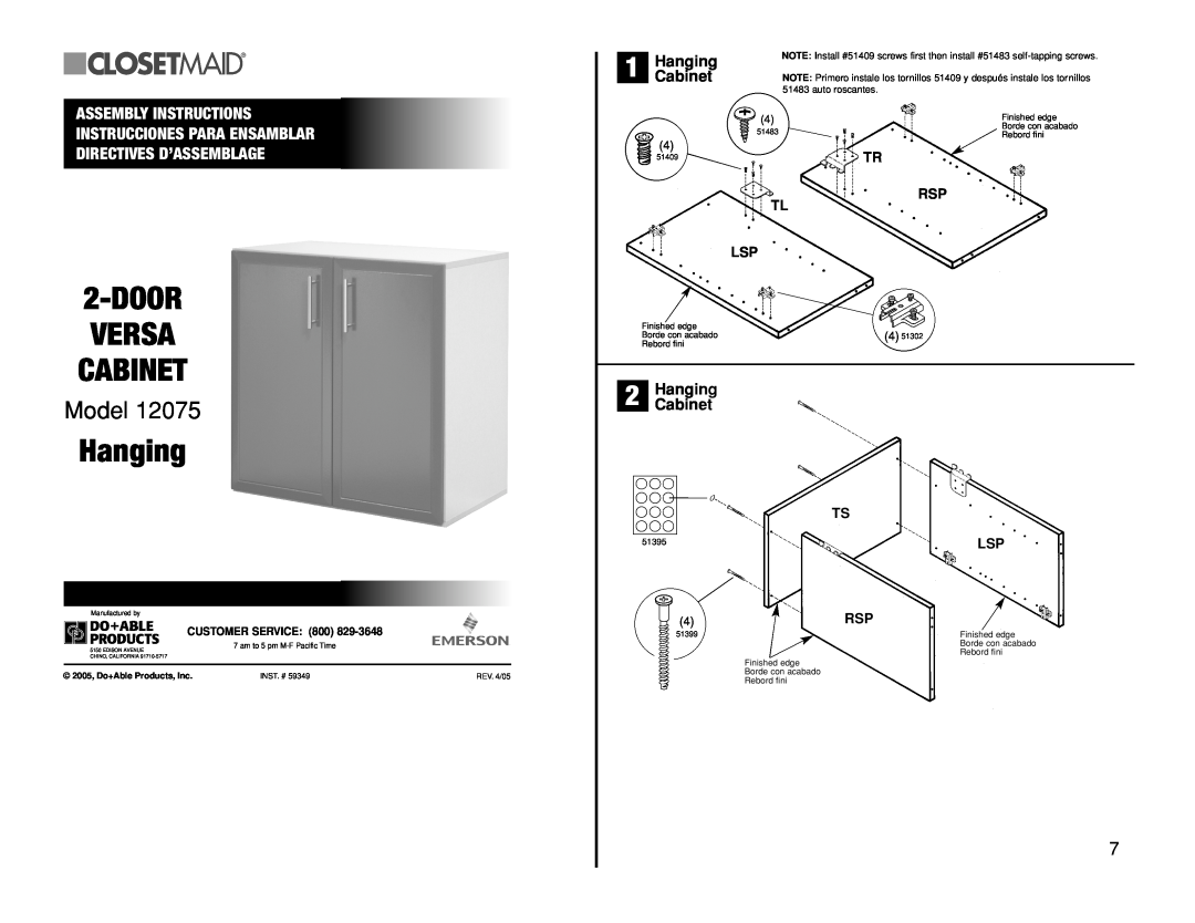 Closet Maid 12075 manual Door, Versa Cabinet, HangingCabinet, Tr Rsp Tl Lsp, Model 