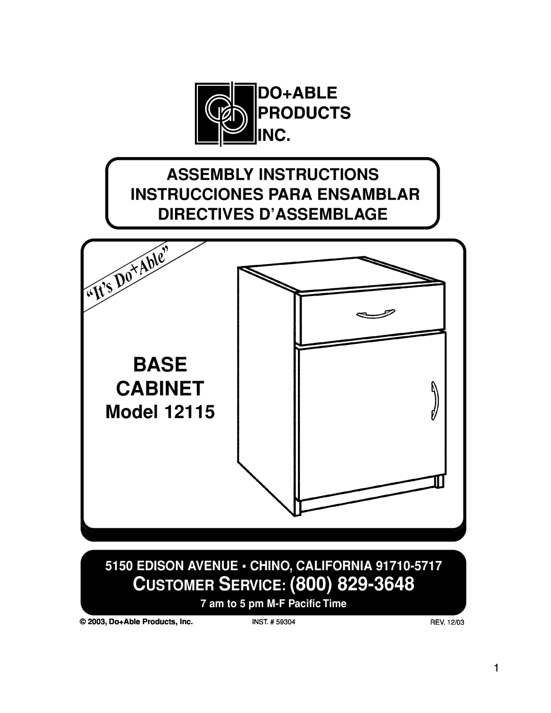 Closet Maid 12115 manual Model, Base Cabinet, Customer Service, Assembly Instructions, Edison Avenue Chino, California 