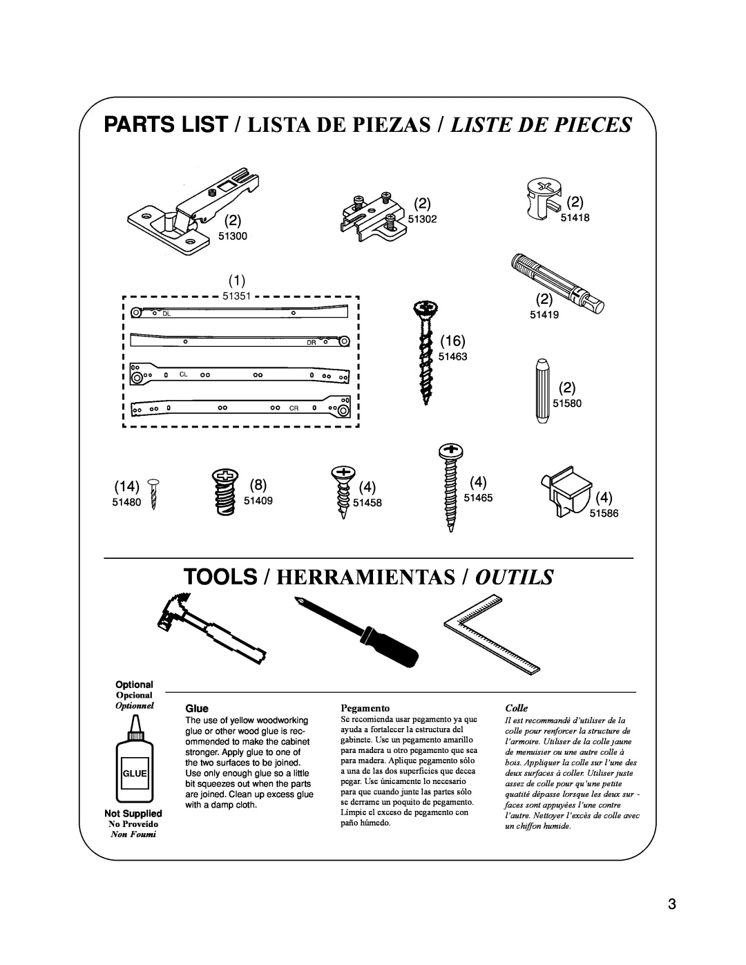 Closet Maid 12115 manual Tools / Herramientas / Outils, Parts List / Lista De Piezas / Liste De Pieces, Glue 