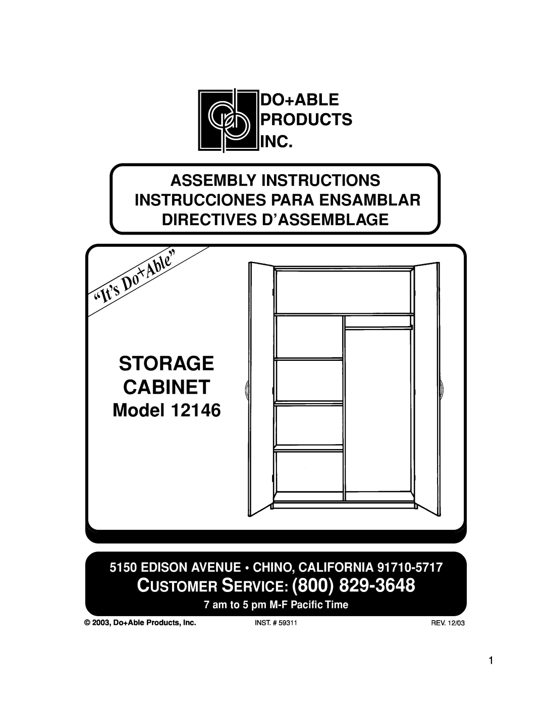Closet Maid 12146 manual Model, Assembly Instructions, Storage Cabinet, Customer Service, Edison Avenue Chino, California 
