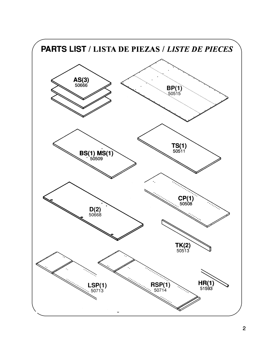 Closet Maid 12146 manual Parts List / Lista De Piezas / Liste De Pieces, BS1 MS1, LSP1, RSP1 
