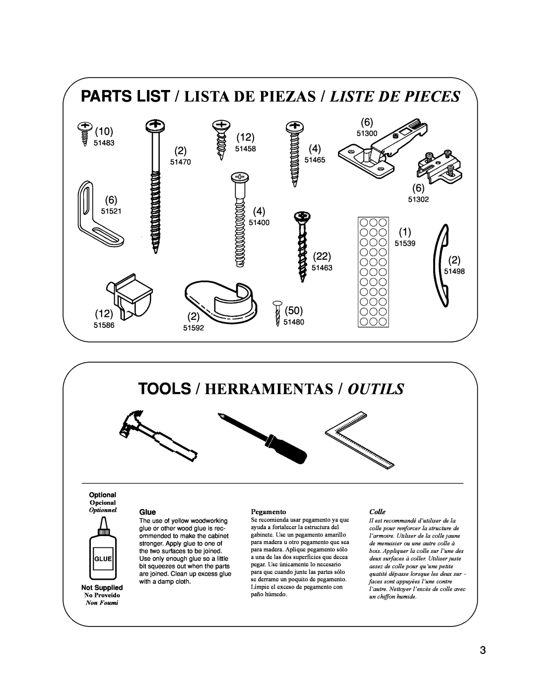 Closet Maid 12146 manual Tools / Herramientas / Outils, Parts List / Lista De Piezas / Liste De Pieces, Glue 