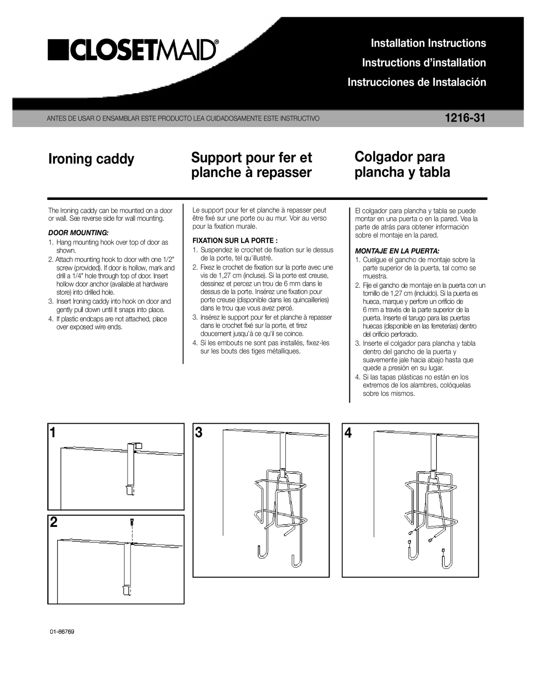 Closet Maid 1216-31 installation instructions Ironing caddy, Support pour fer et, planche à repasser, plancha y tabla 