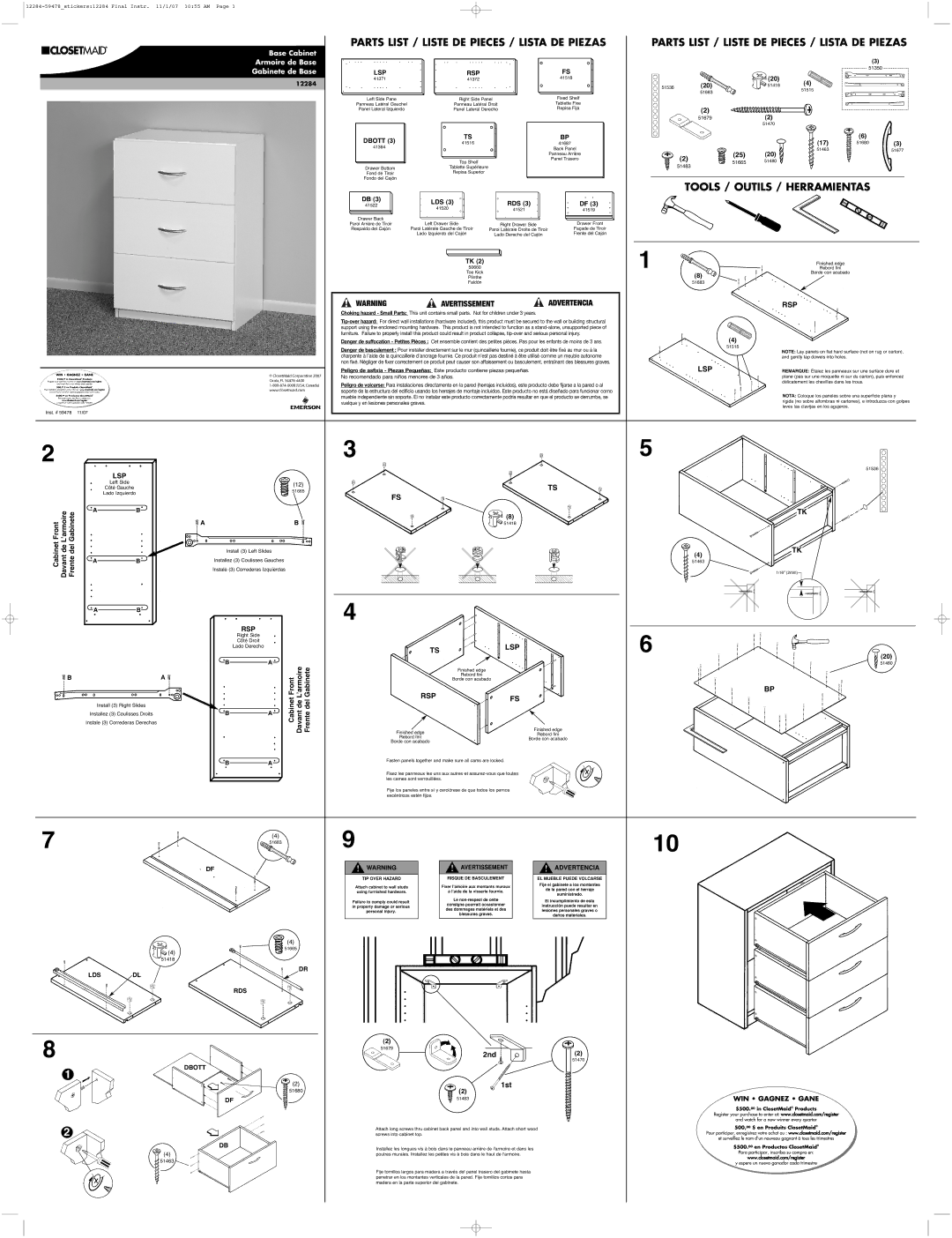 Closet Maid 12284 manual Parts List / Liste DE Pieces / Lista DE Piezas, Tools / Outils / Herramientas, Lsp, Rspfs 