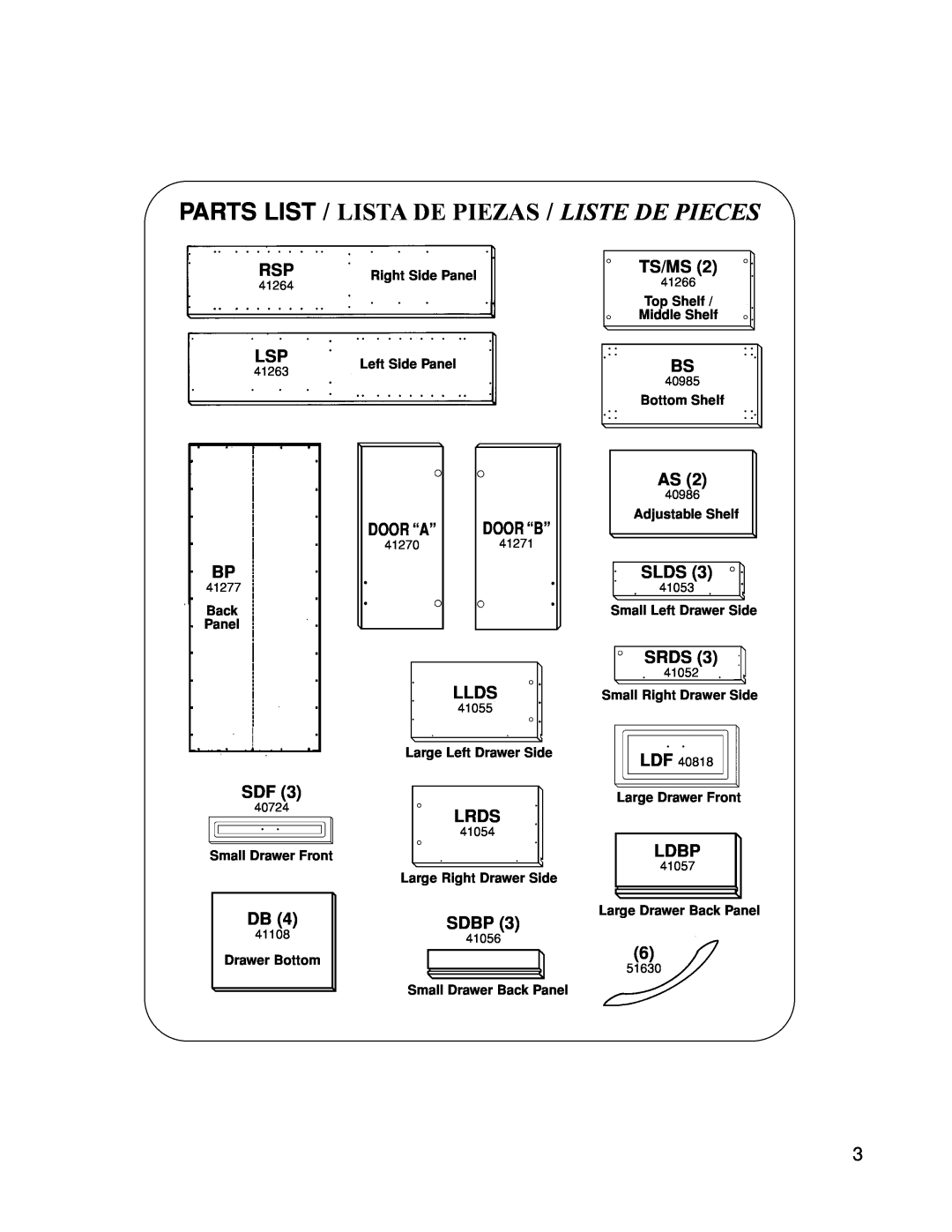 Closet Maid 12307 manual Parts List / Lista De Piezas / Liste De Pieces, Llds, Ts/Ms, Slds, Srds, Lrds, Ldbp 