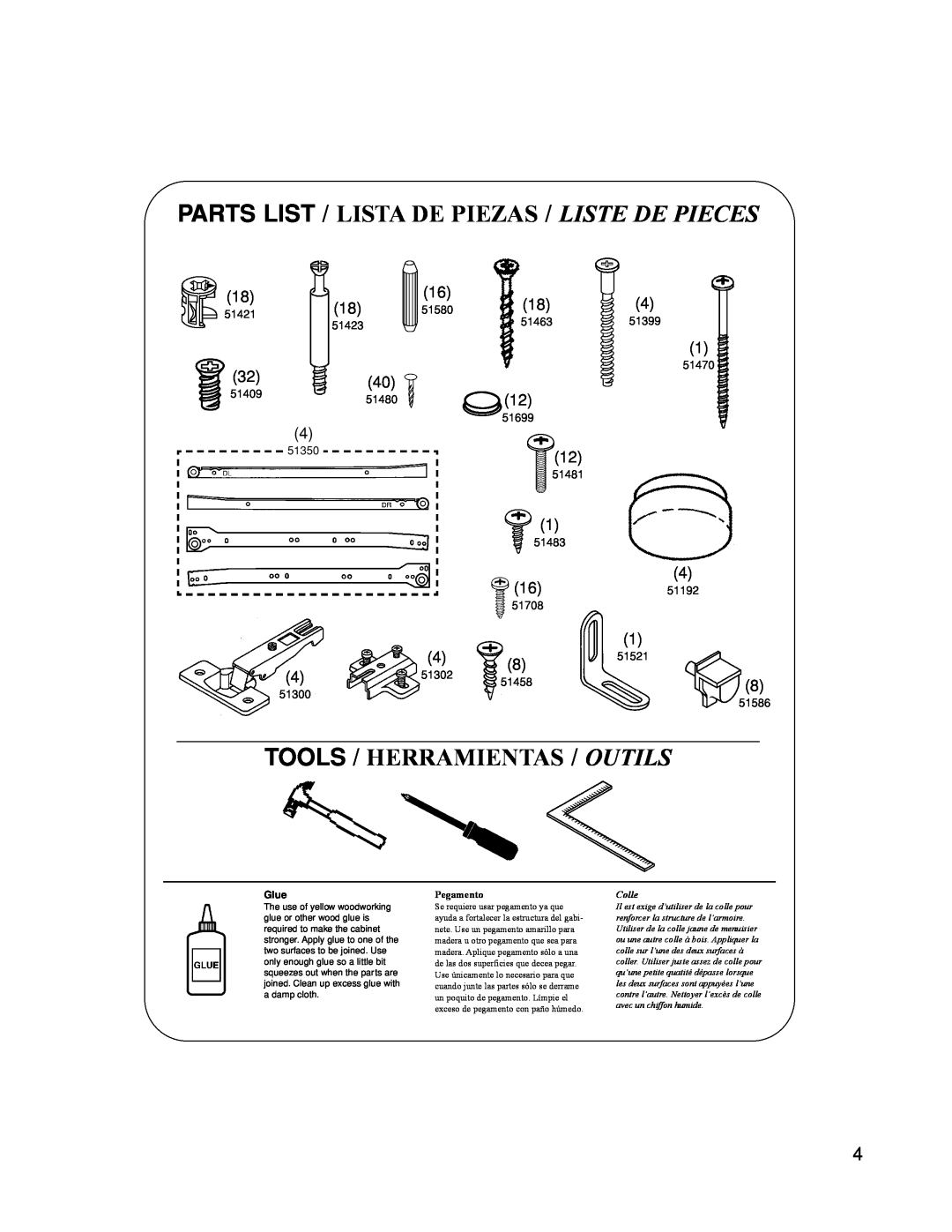 Closet Maid 12307 manual Tools / Herramientas / Outils, Parts List / Lista De Piezas / Liste De Pieces, Glue 