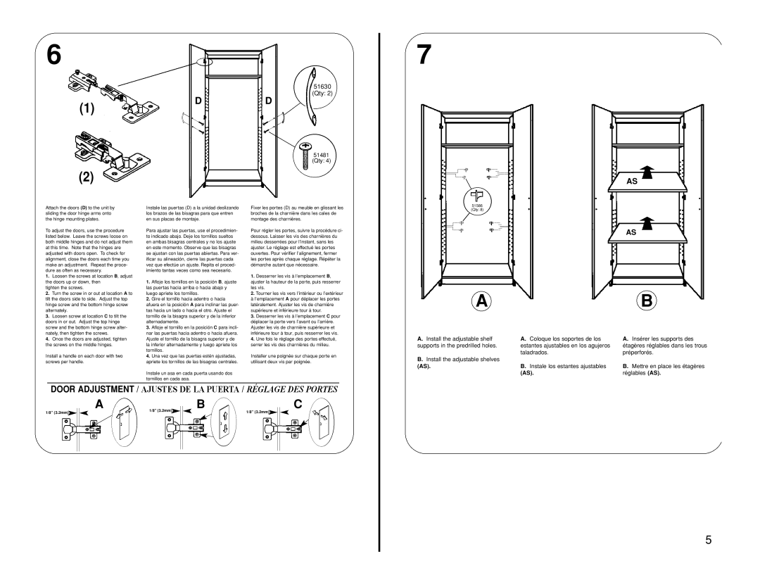 Closet Maid 12327, 12316 manual Door Adjustment / Ajustes DE LA Puerta / Réglage DES Portes, 51630 Qty 