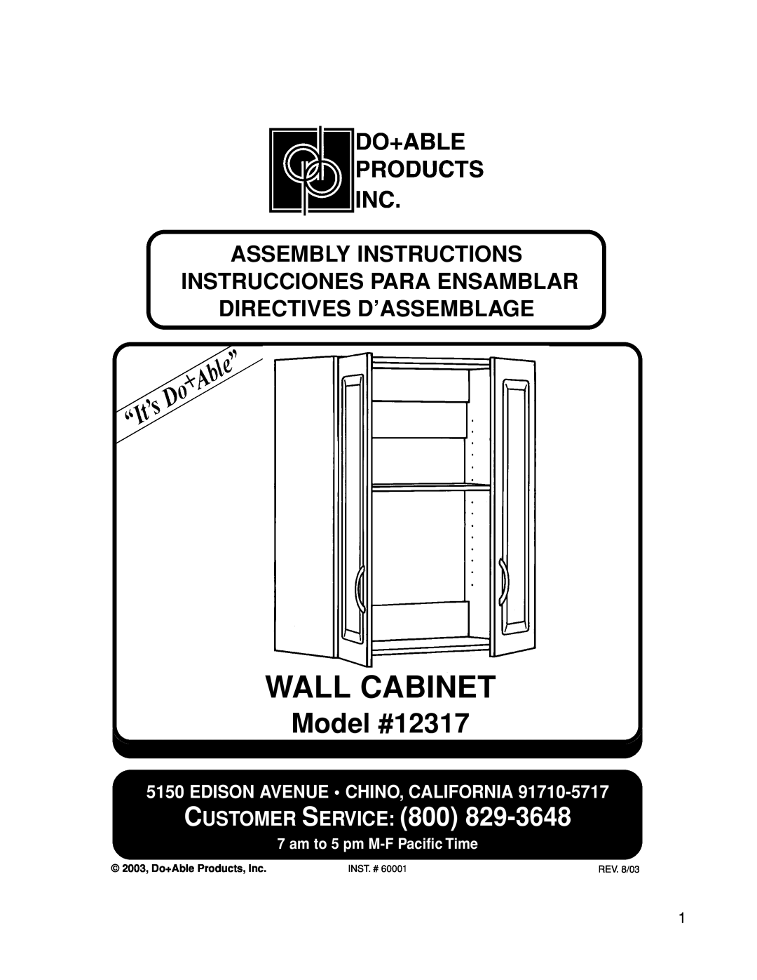 Closet Maid manual Wall Cabinet, Model #12317, Customer Service, Assembly Instructions, Edison Avenue Chino, California 