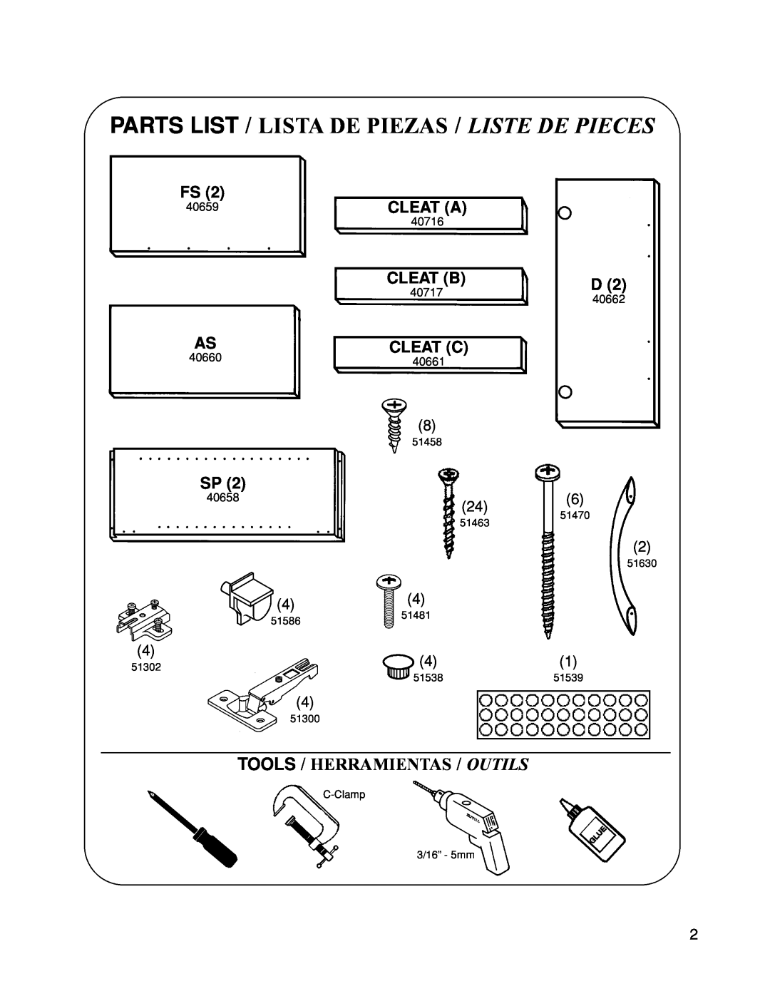 Closet Maid 12317 Tools / Herramientas / Outils, Cleat A, Cleat B, Cleat C, Parts List / Lista De Piezas / Liste De Pieces 
