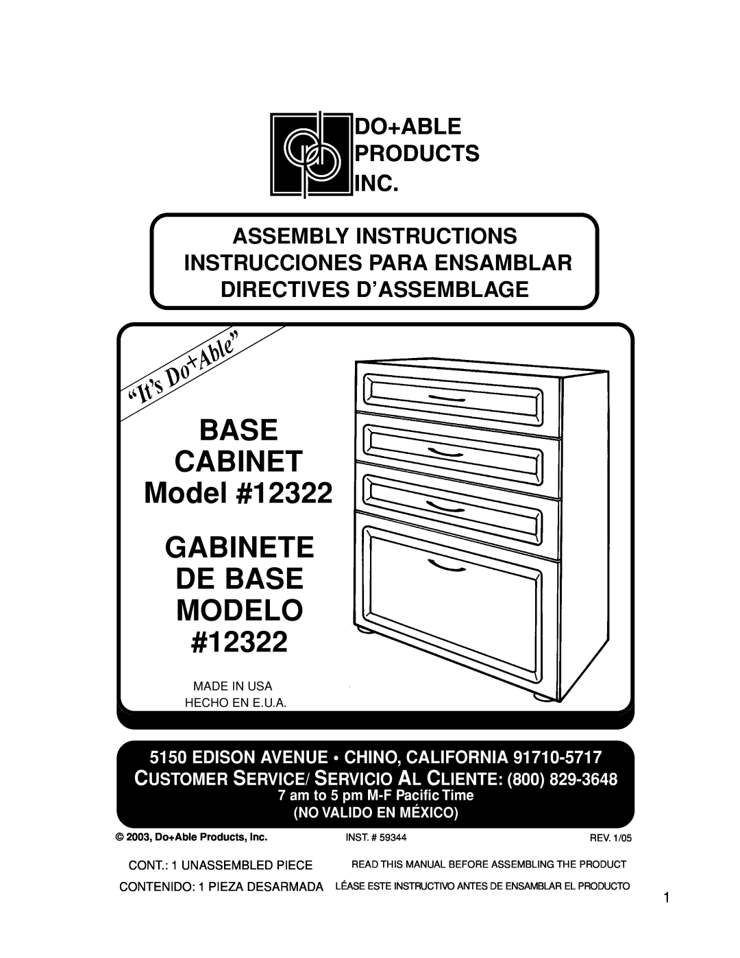 Closet Maid manual Assembly Instructions, BASE CABINET Model #12322 GABINETE, DE BASE MODELO #12322, REV. 1/05 
