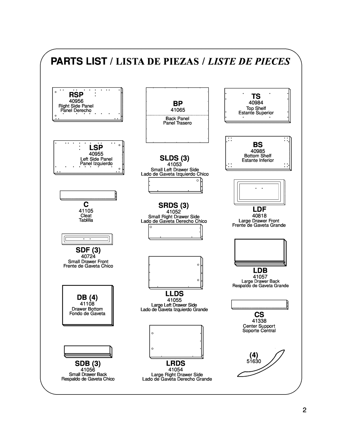 Closet Maid 12322 manual Parts List / Lista De Piezas / Liste De Pieces, Slds, Srds, Llds, Lrds 